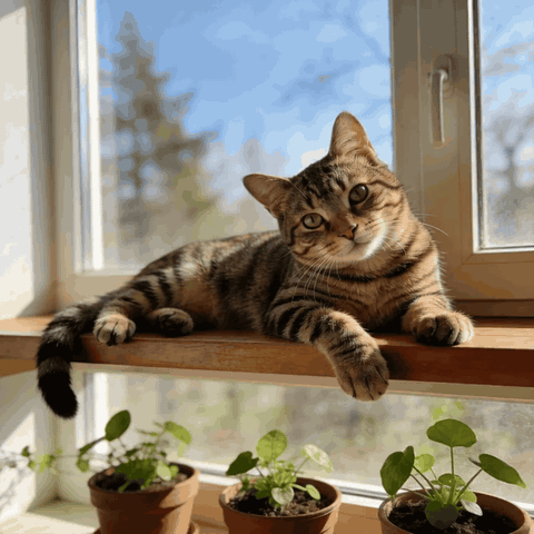 Tabby cat on a windowsill, blinking and breathing — photo to GIF