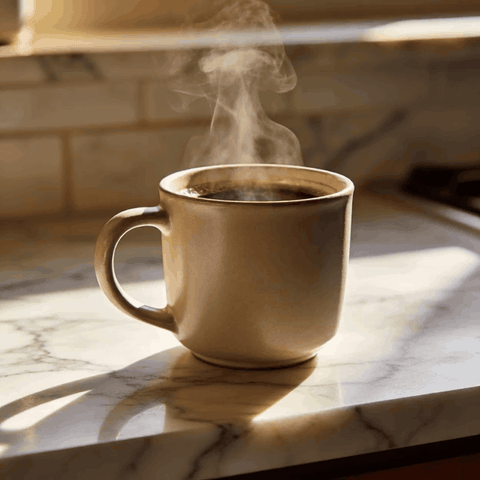 Ceramic coffee cup with rising steam — product photo to GIF